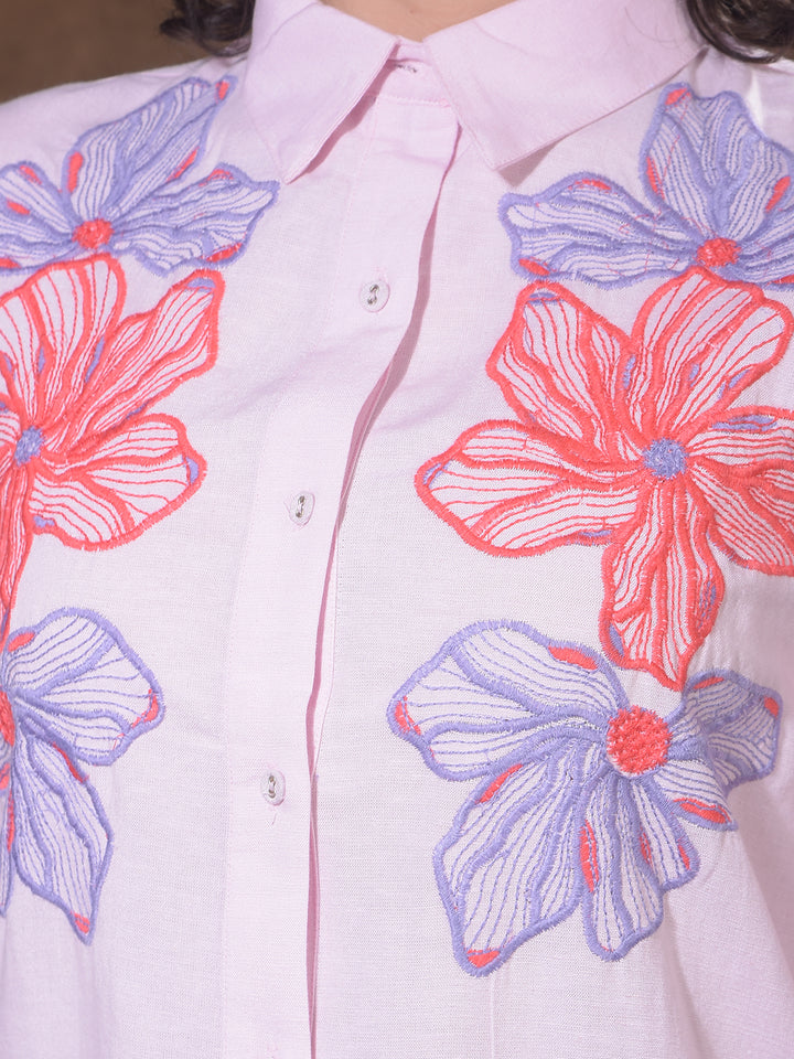 Structured Coral Pink Embroidered Shirt