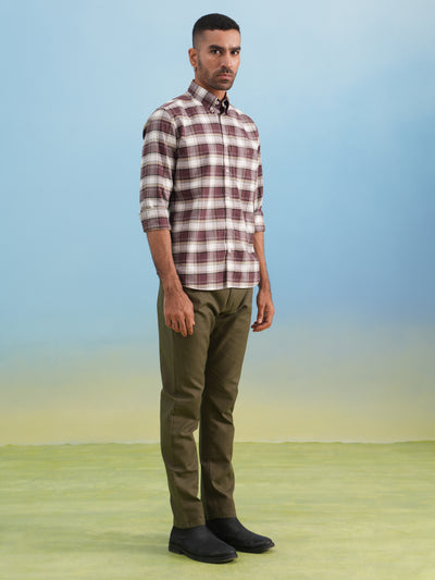Wine Checked 100% Cotton Button-Down Collar Shirt