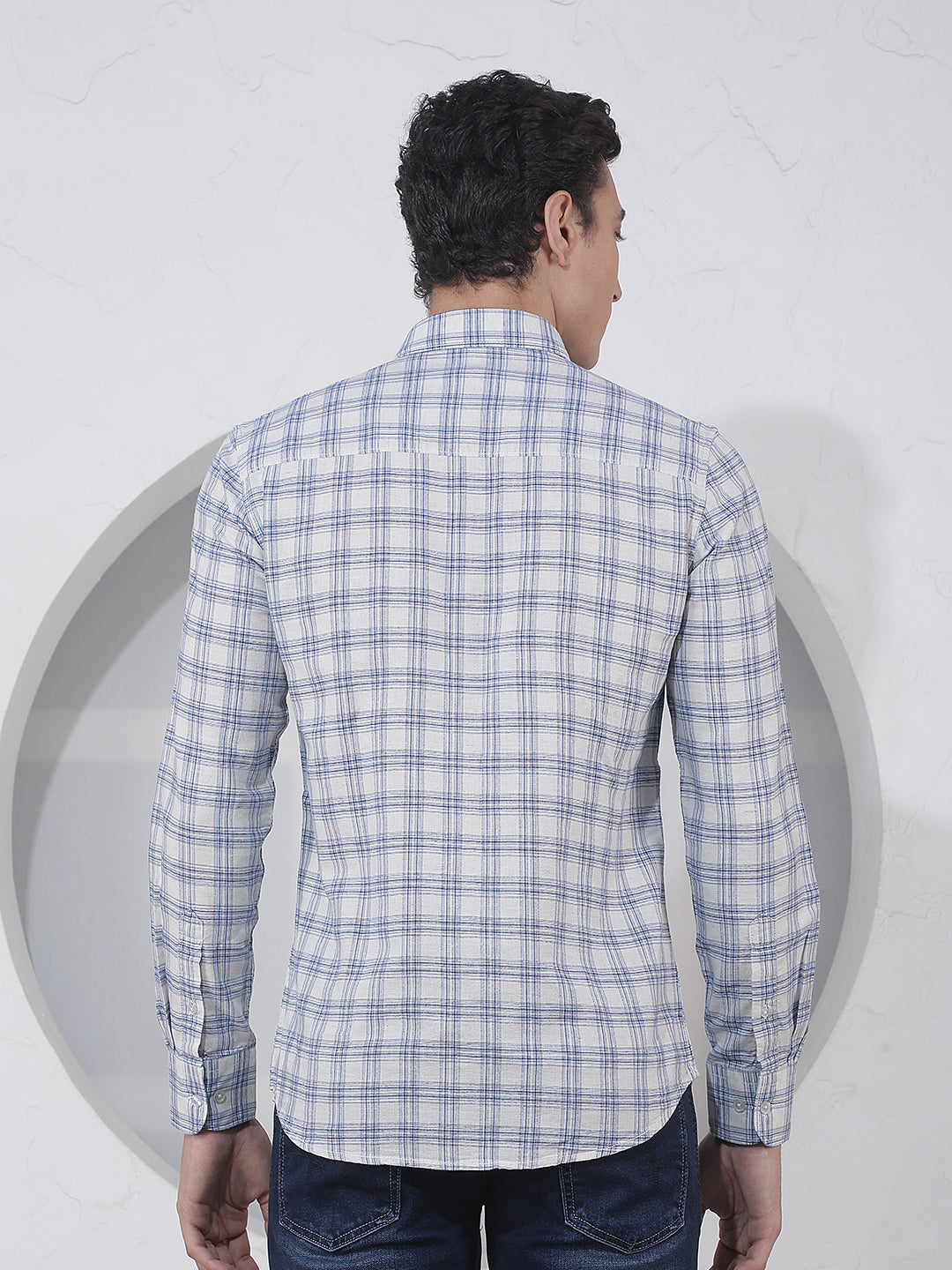 Teal Blue Checked Linen Shirt