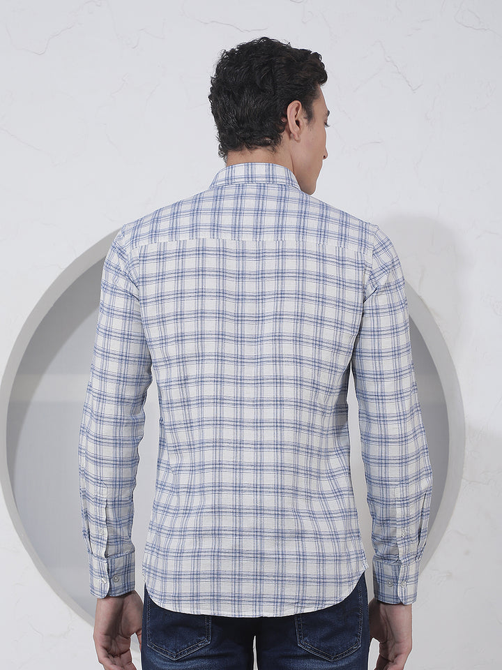 Teal Blue Checked Linen Shirt