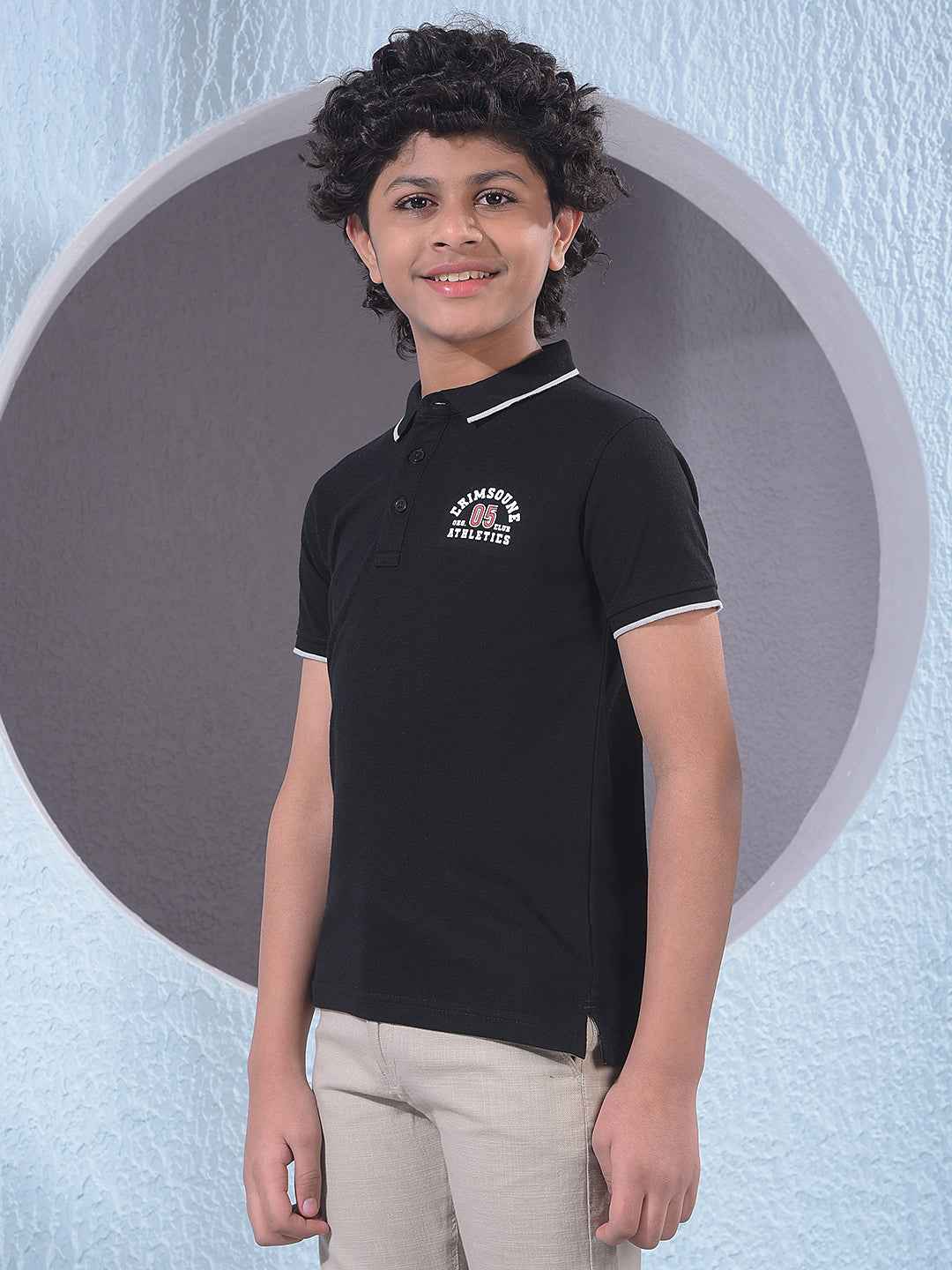 Black Typographic Print Polo Neck T-Shirt