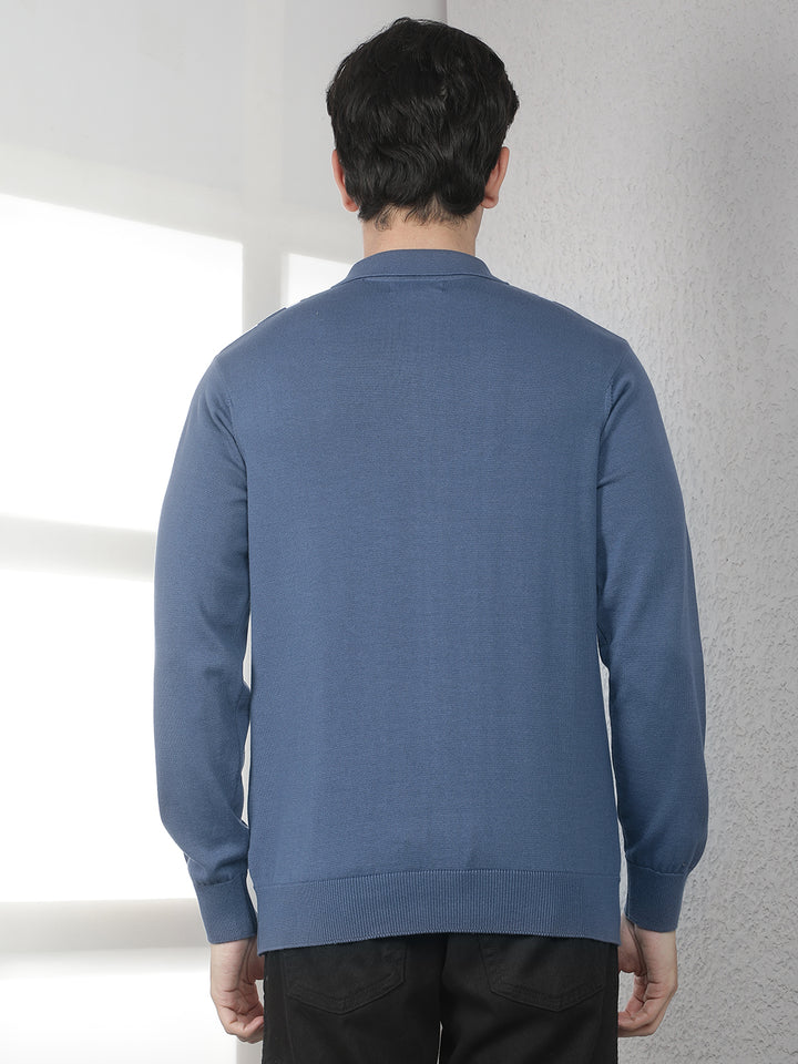 Blue Vertical Striped Polo Neck 100% cotton Sweater