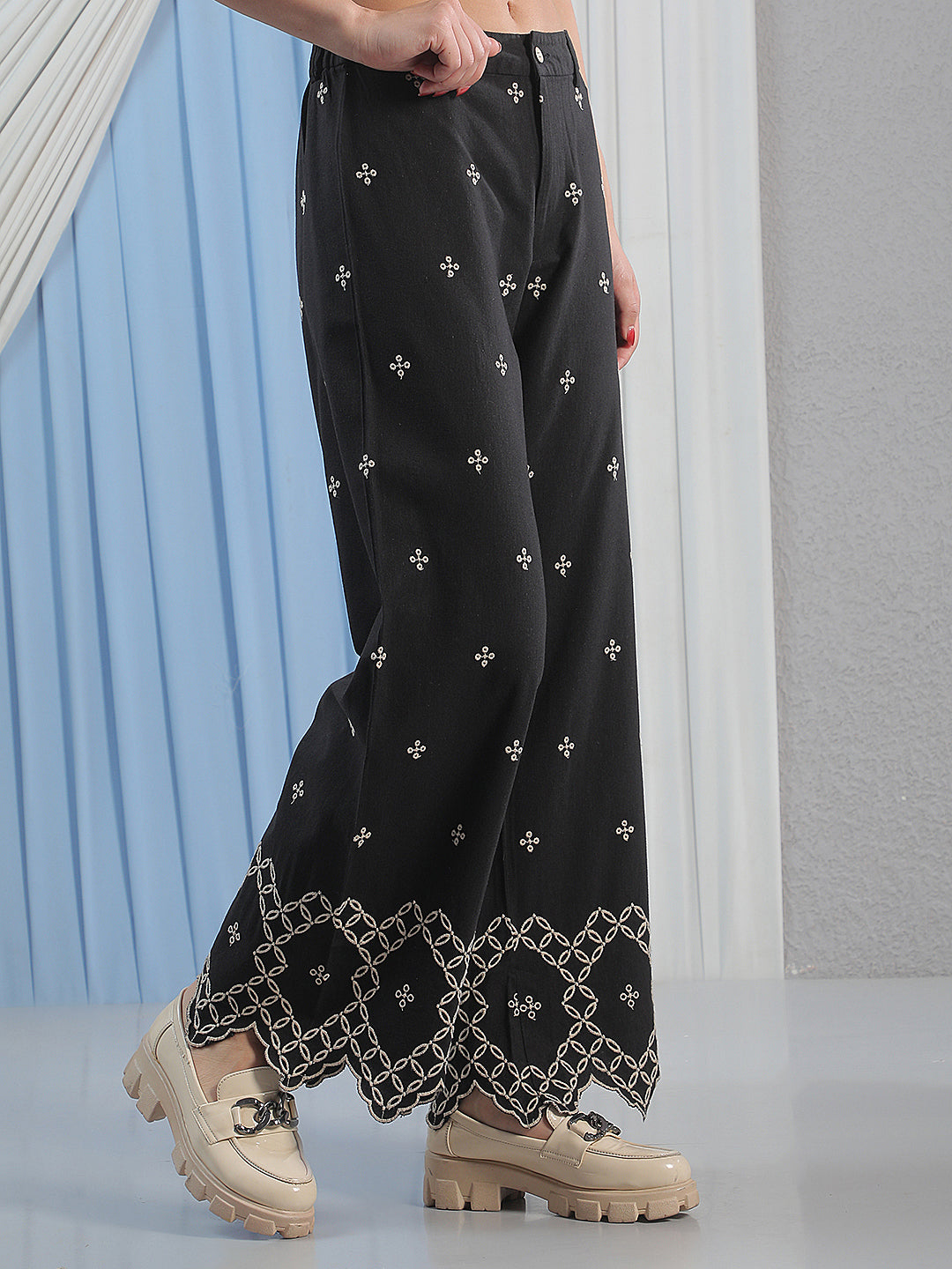 Off White Embroidered Casual Trousers