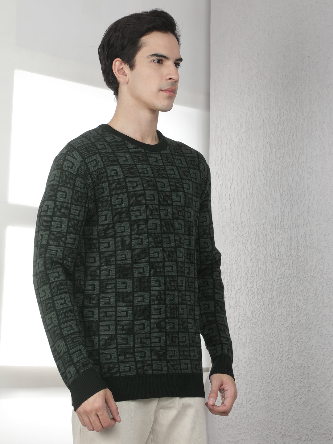Green 100% Cotton Jacquard Round Neck Sweater