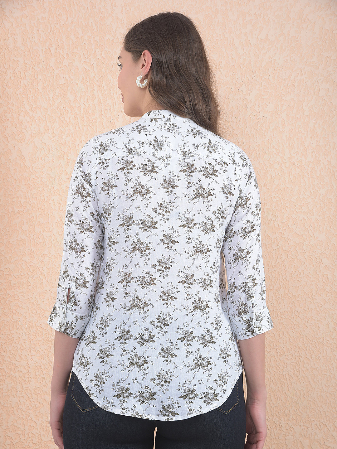 Printed Linen White V-Neck Shirt