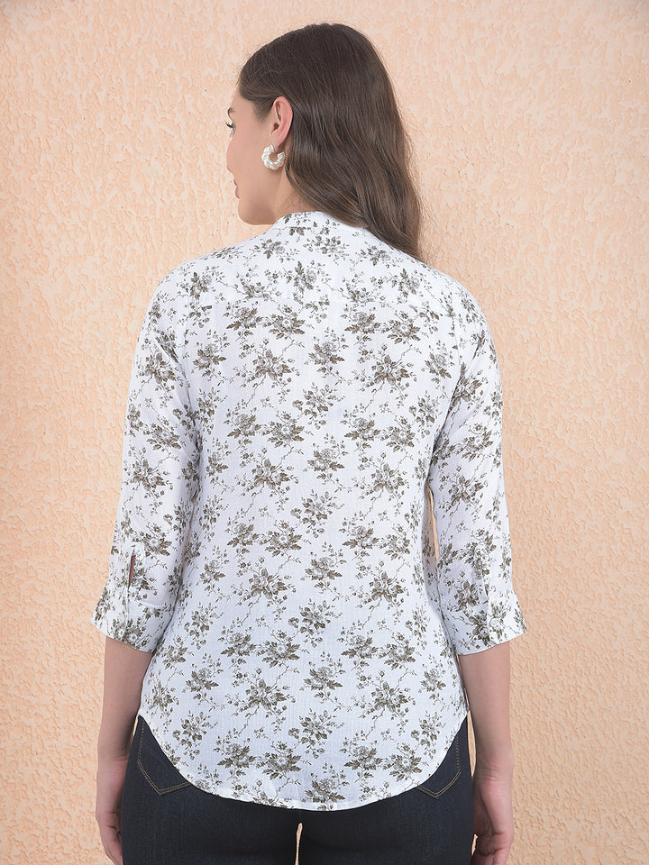 Printed Linen White V-Neck Shirt