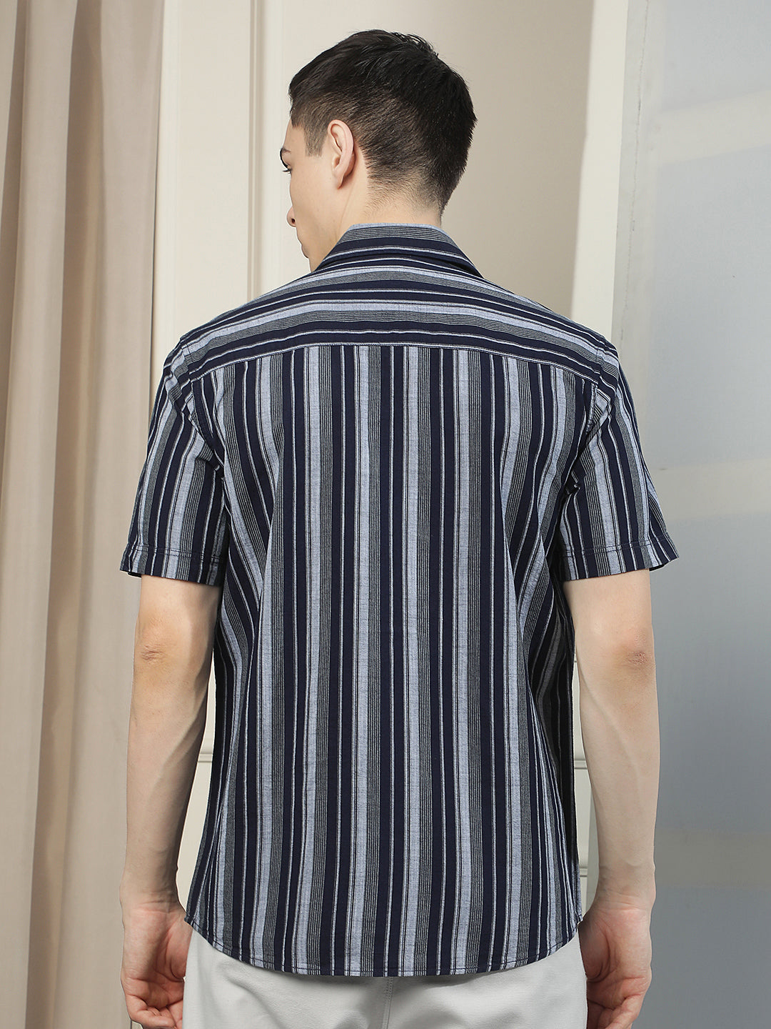 Navy Blue Vertical Stripes 100% Cotton Shirt
