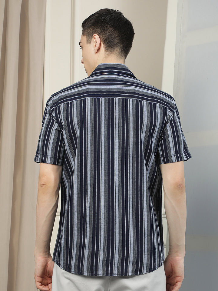 Navy Blue Vertical Stripes 100% Cotton Shirt