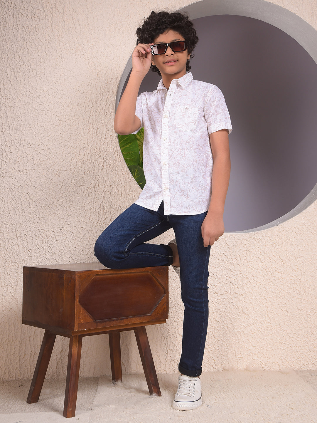 Beige Floral Print Linen Shirt