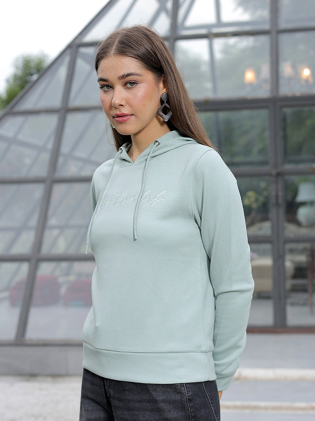 Green Typographic Print Hooded Neck Sweatshirt