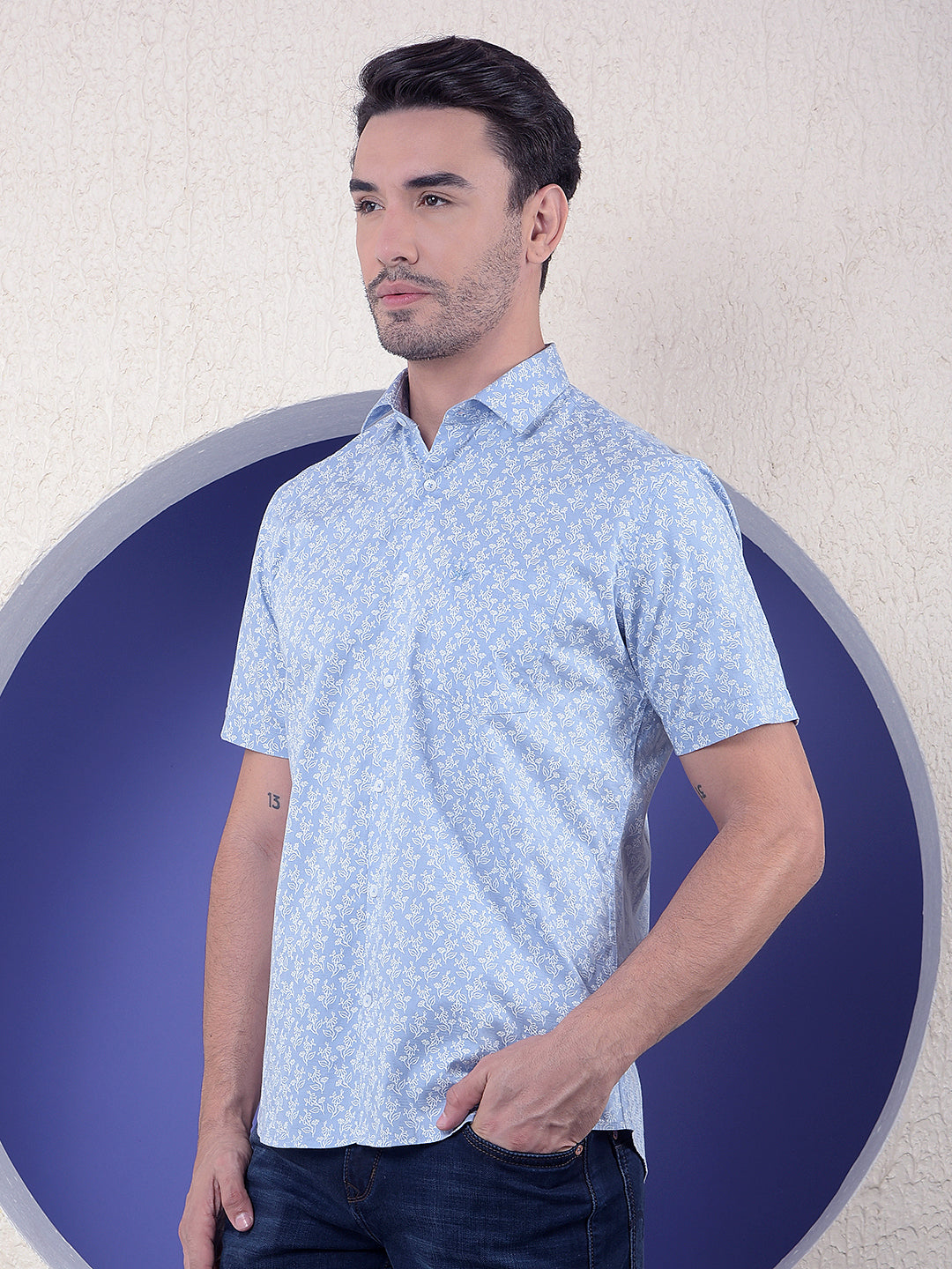 Blue Floral Print 100% Cotton Shirt