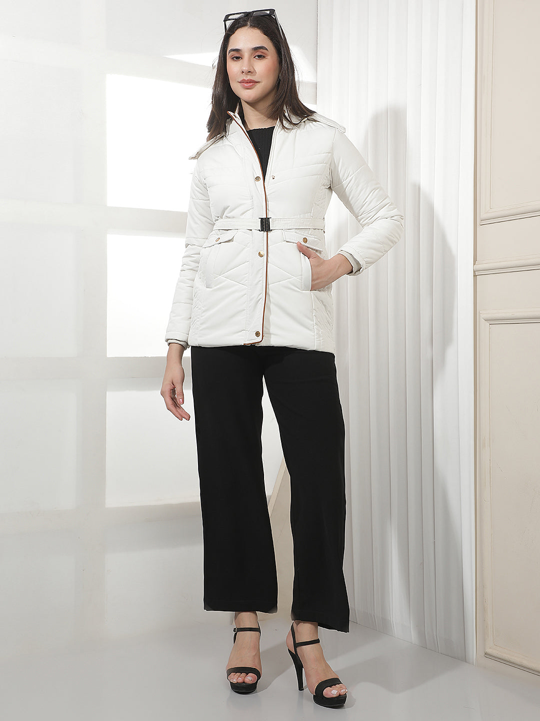 Cream Hooded Puffer Jacket With Belt