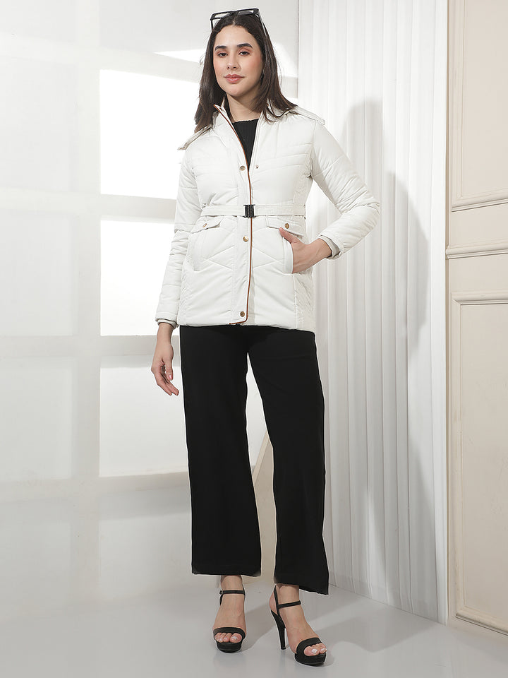 Cream Hooded Puffer Jacket With Belt