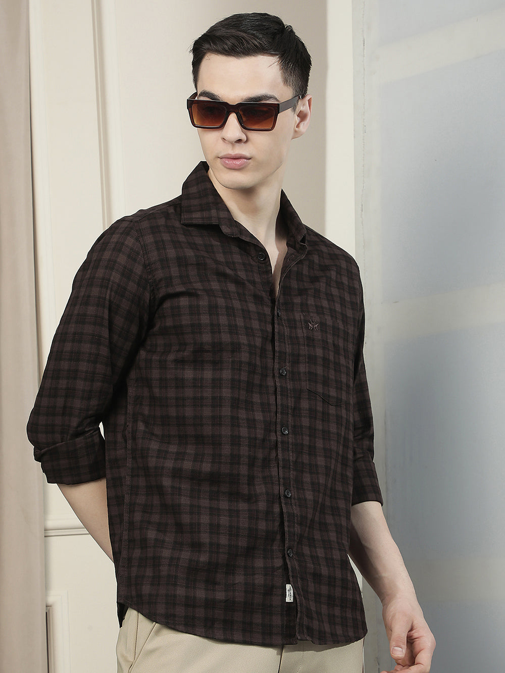 Brown Checked 100% Cotton Shirt