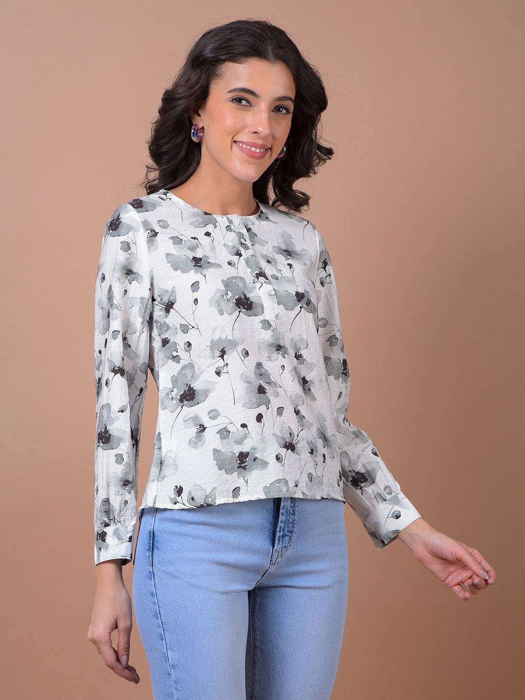 Grey Floral Print Top