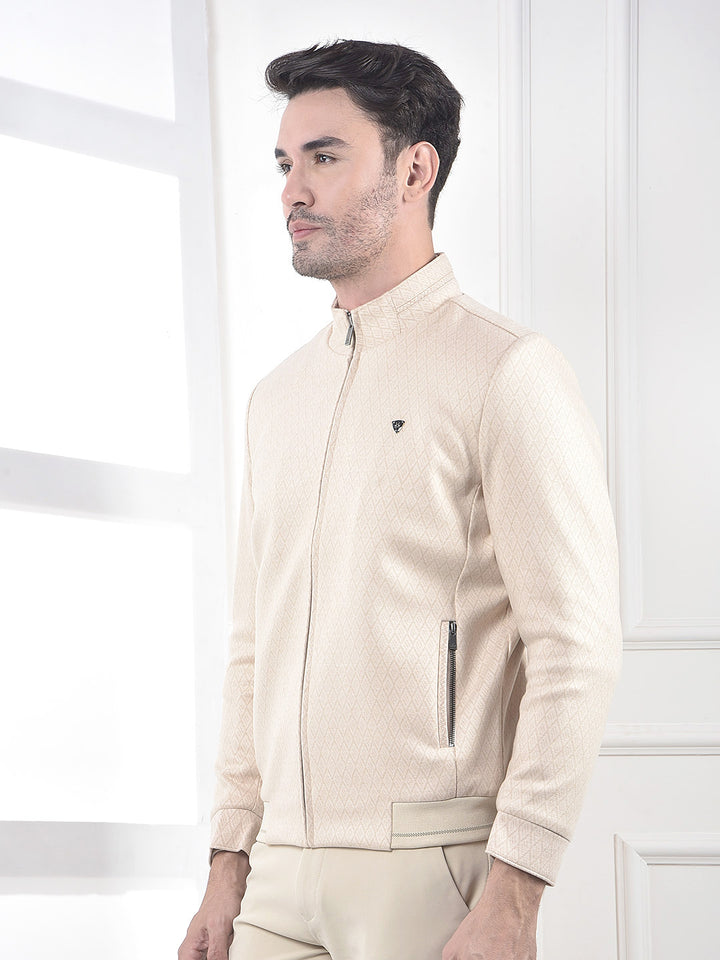Beige Textured Mock Collar Bomber Jacket