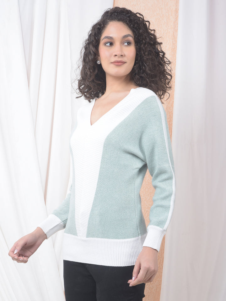 Colorblocked V-Neck Green Sweater