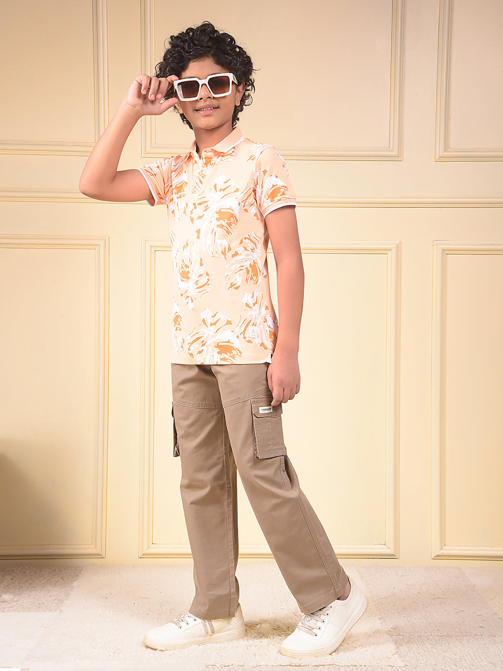 Peach Floral Print Polo Neck T-Shirt