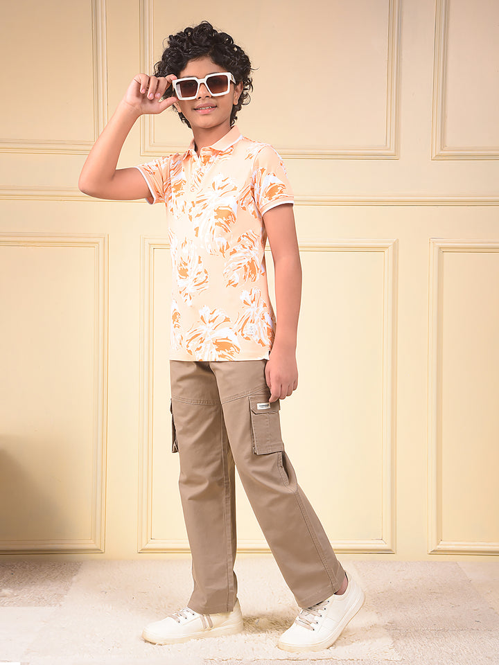 Peach Floral Print Polo Neck T-Shirt