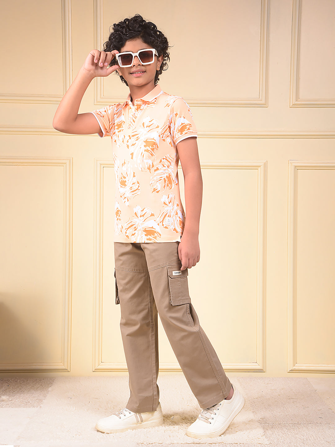 Peach Floral Print Polo Neck T-Shirt