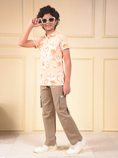 Peach Floral Print Polo Neck T-Shirt