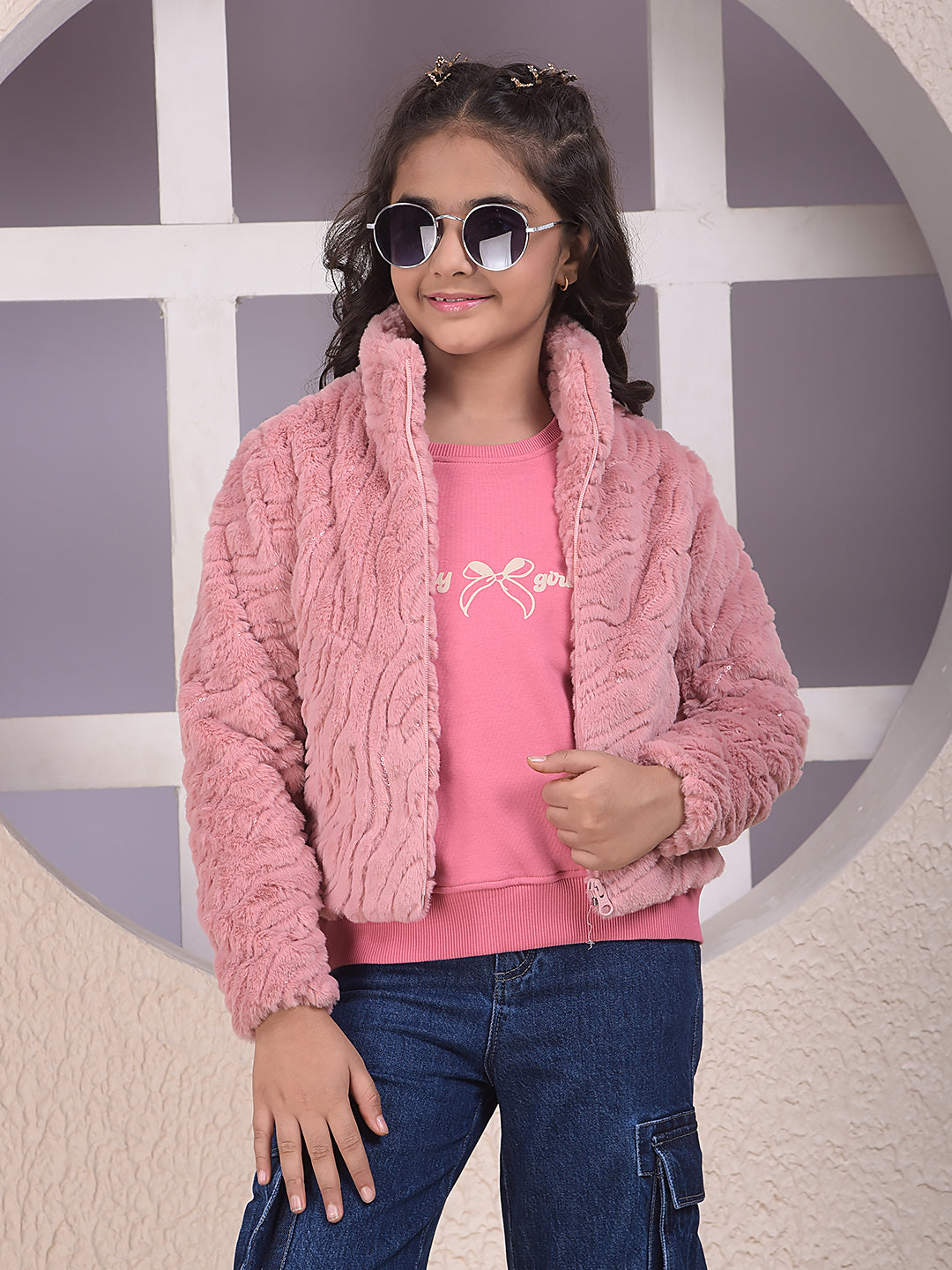 Pink Embellished High Neck Fur Jacket
