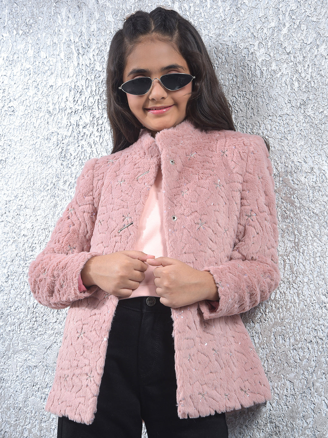 Dusty Pink Plush Embroidered Coat
