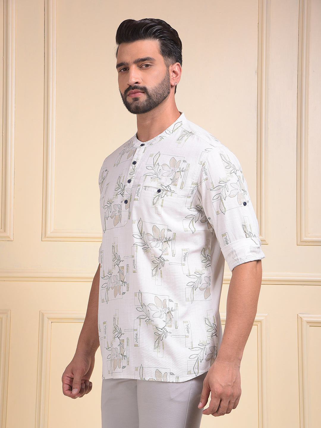 Off White Floral Print Kurta