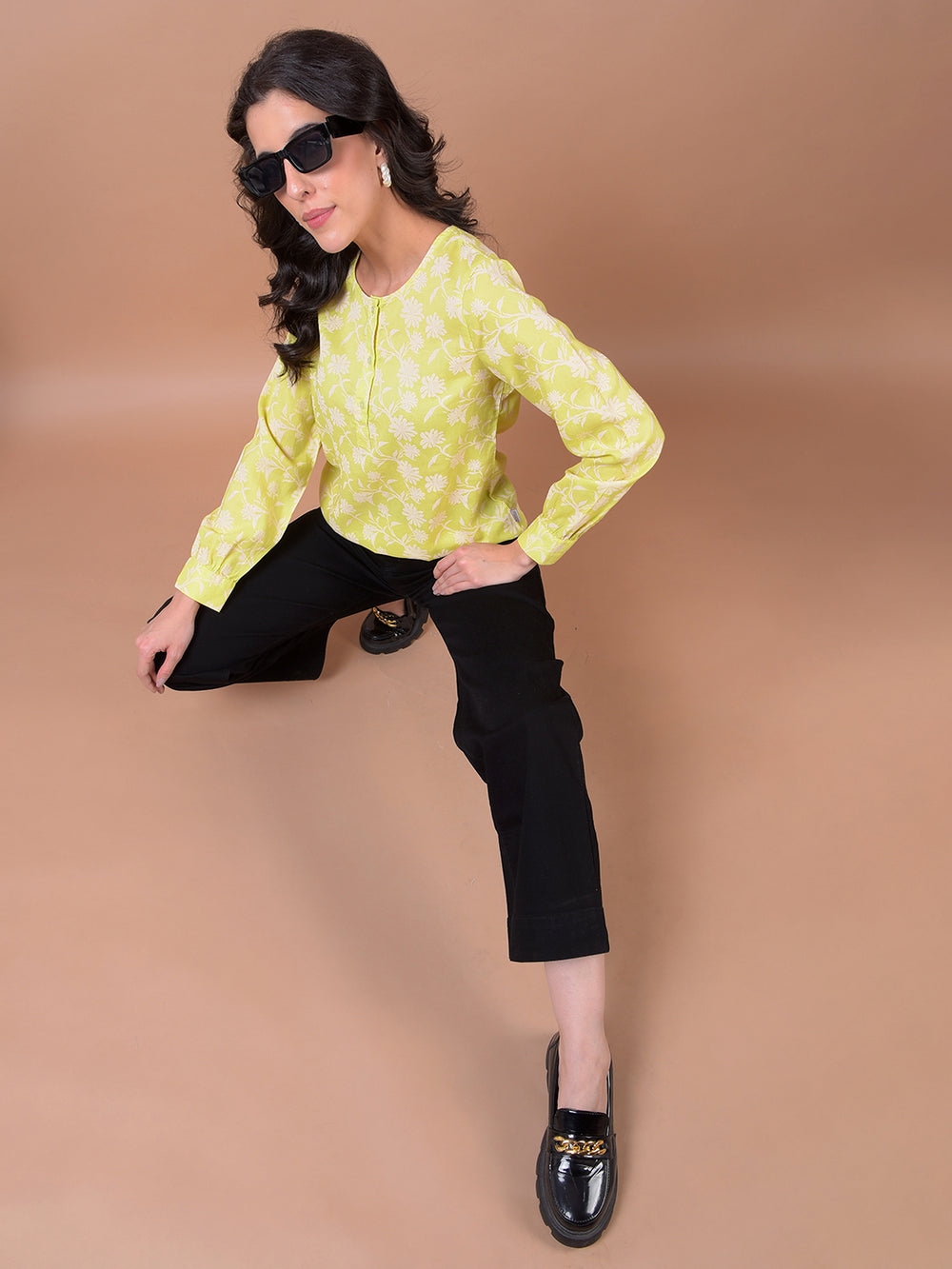 Green Floral Print Linen Top