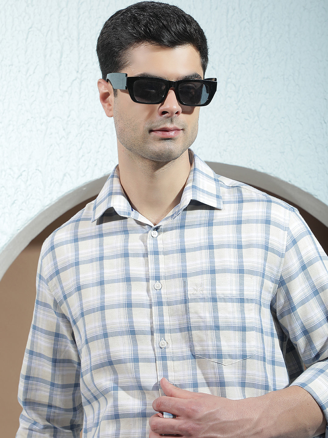Blue Linen Checked Shirt