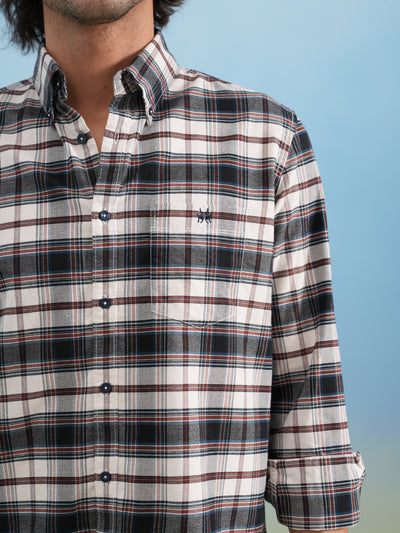 Brown Checked 100% Cotton Button-Down Collar Shirt