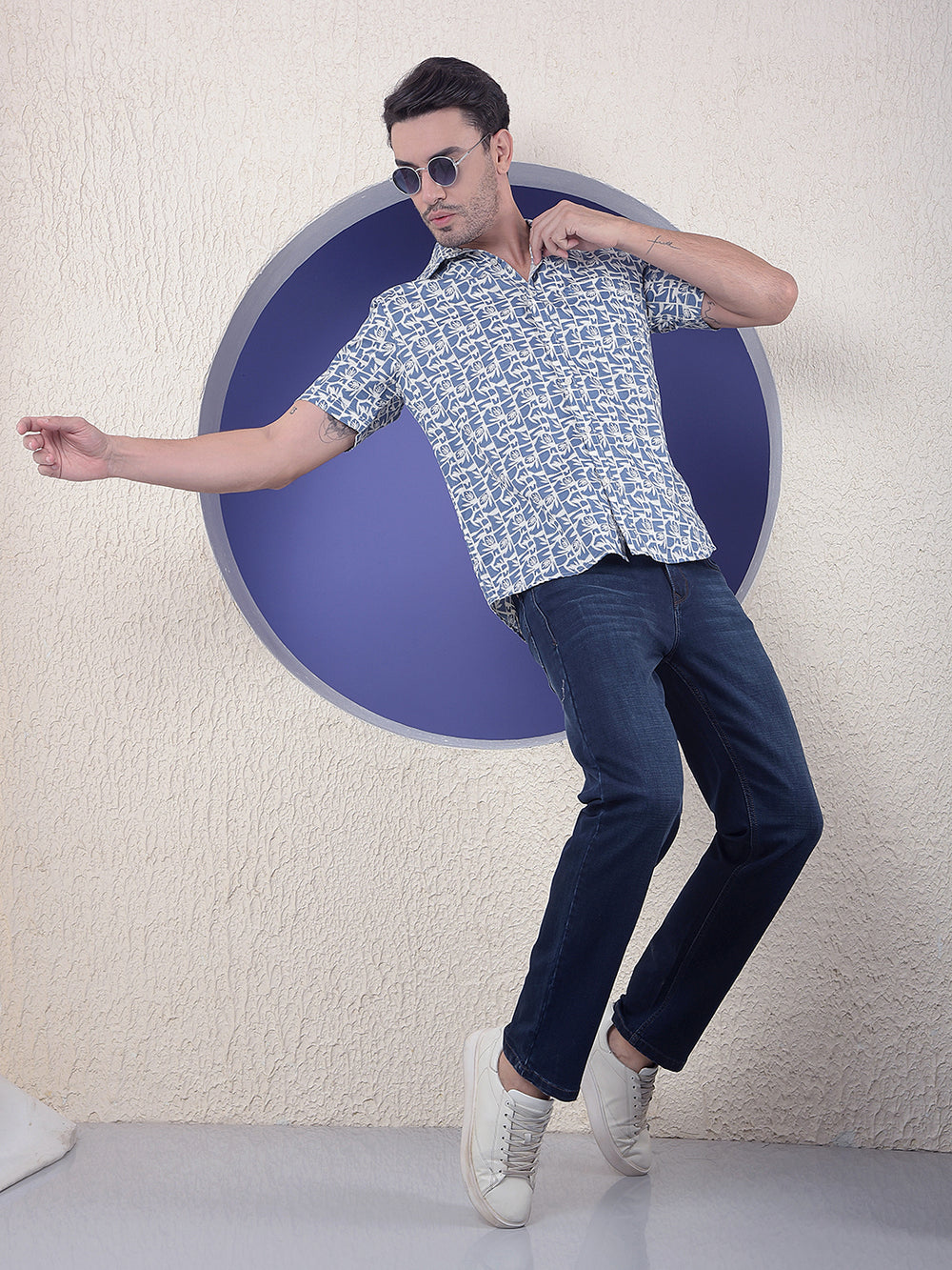 Blue Floral Printed Linen Shirt