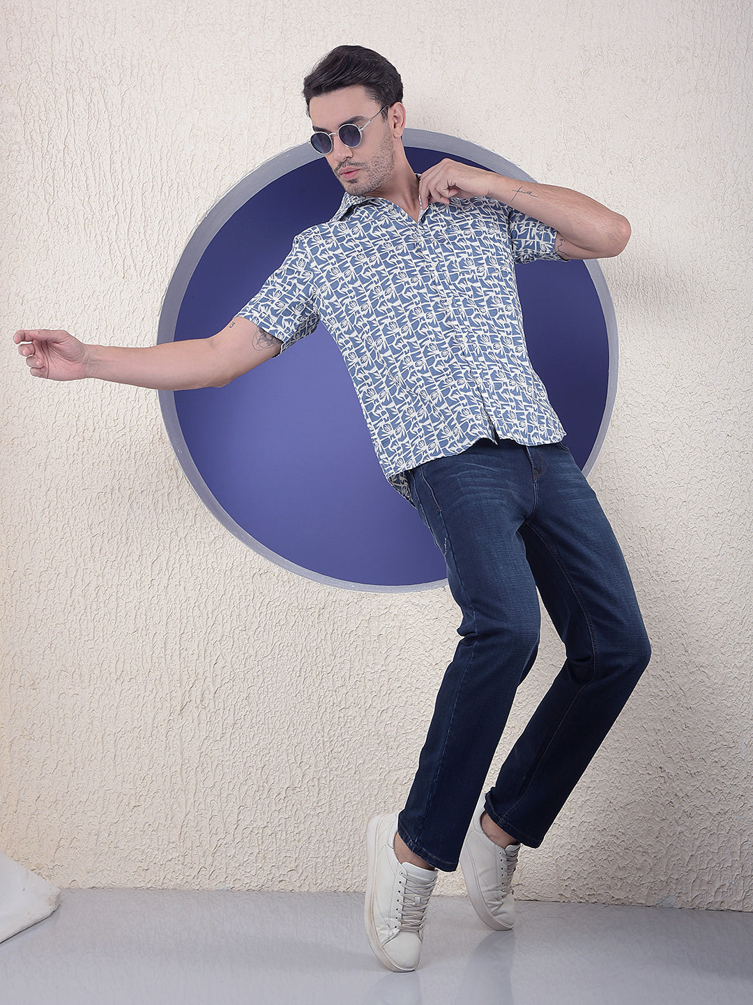 Blue Floral Printed Linen Shirt