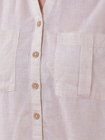 Off White V-Neck Linen Shirt
