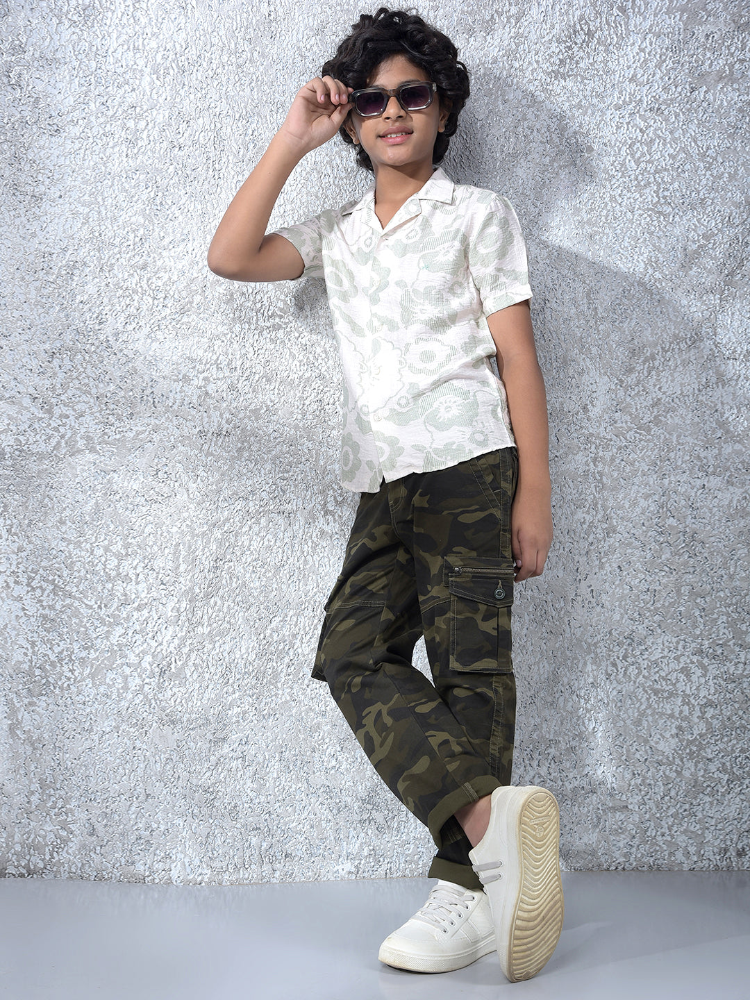 Green Floral Print Resort-Collar Shirt