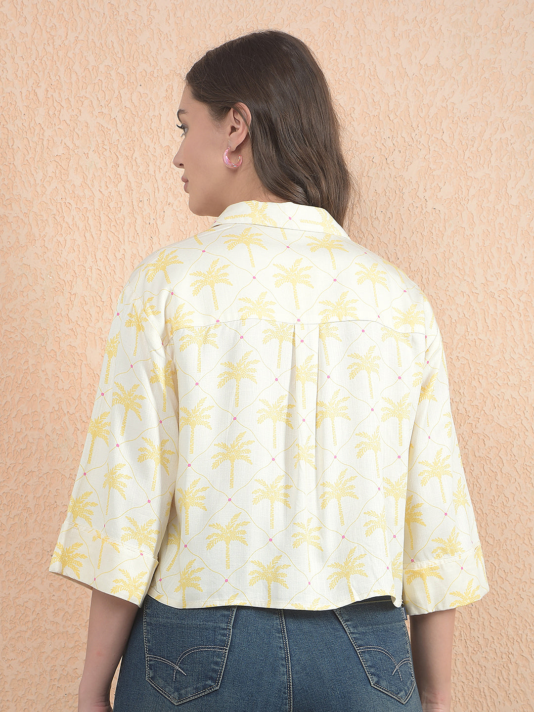 Printed Yellow Crop Shirt With Extended Sleeves