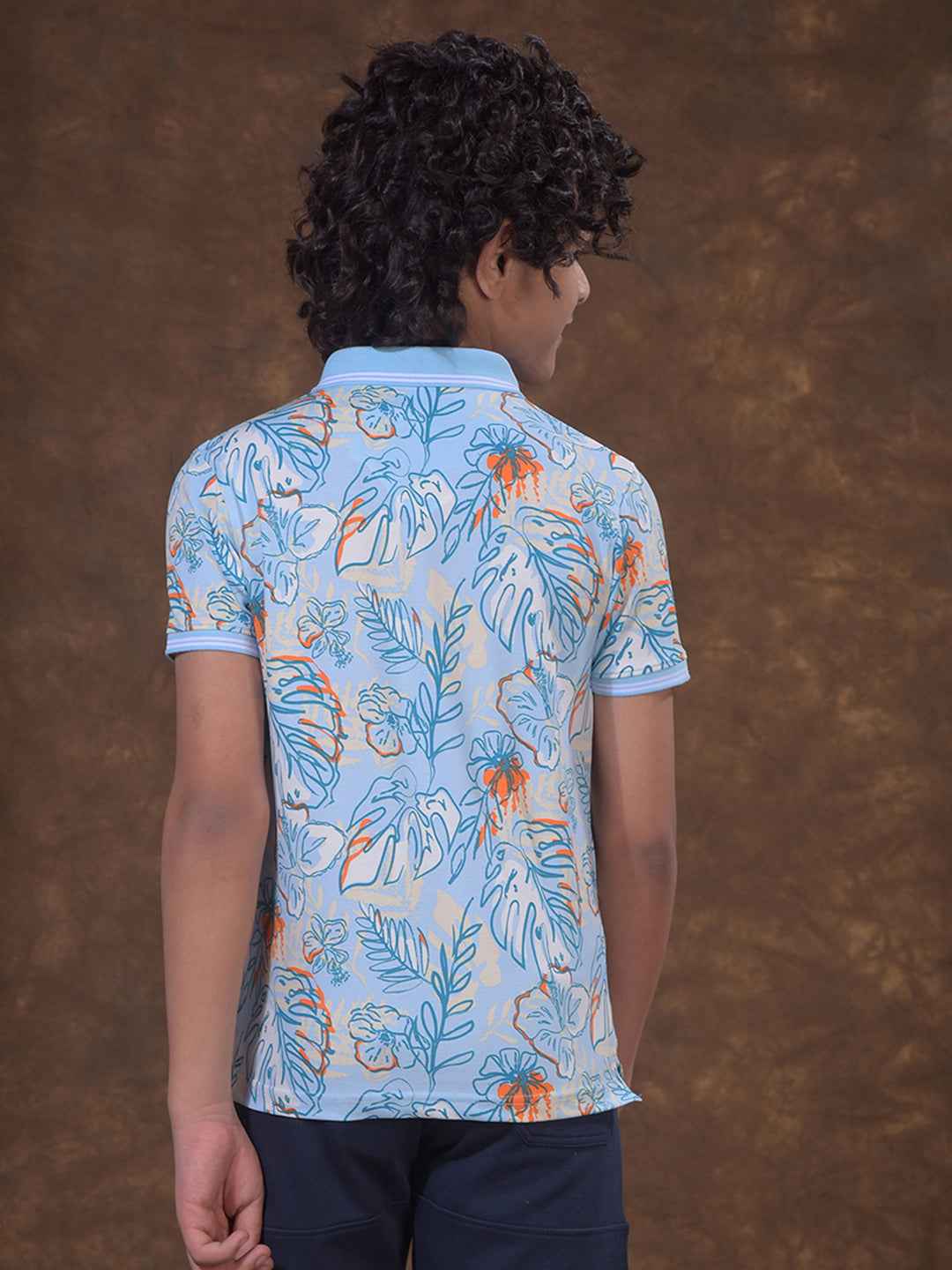 Blue Floral Print Polo Neck T-Shirt