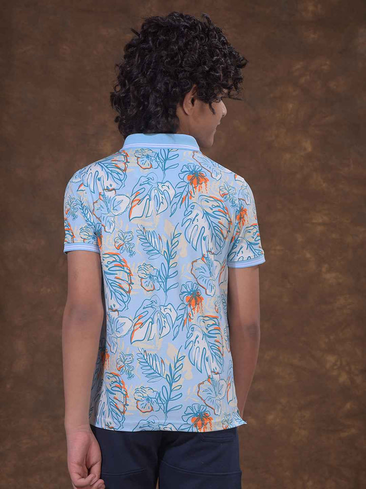 Blue Floral Print Polo Neck T-Shirt