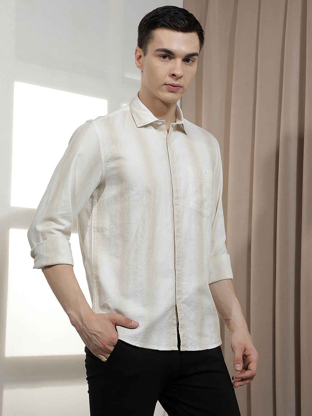 Beige Vertical Stripes 100% Cotton Shirt