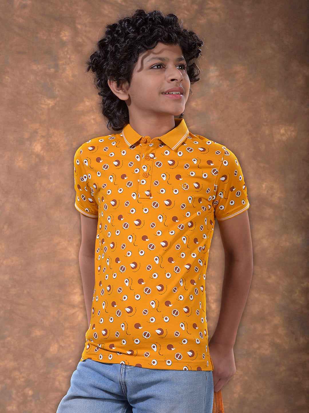 Mustard Printed Polo Neck T-Shirt