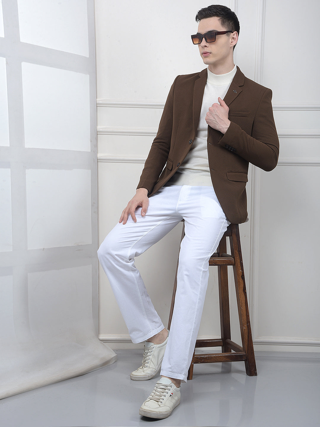 Brown Textured Notched Lapel Single Breasted Blazer