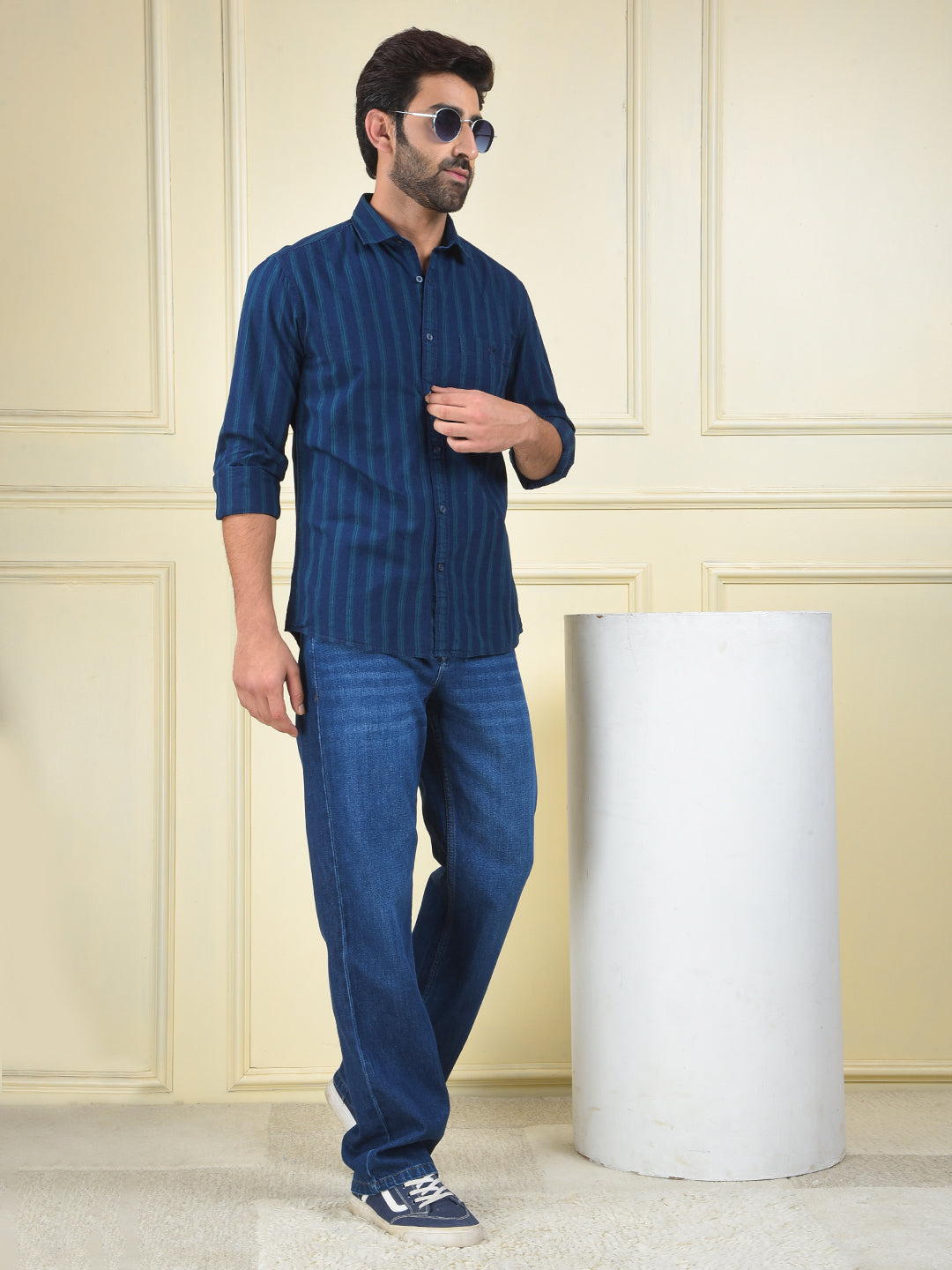 Navy Blue Vertical Stripes 100% Cotton Shirt