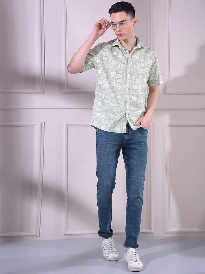 Green Linen Floral Print Shirt