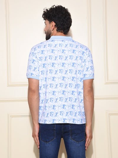 Blue Printed Polo Neck 100% Cotton T-Shirt