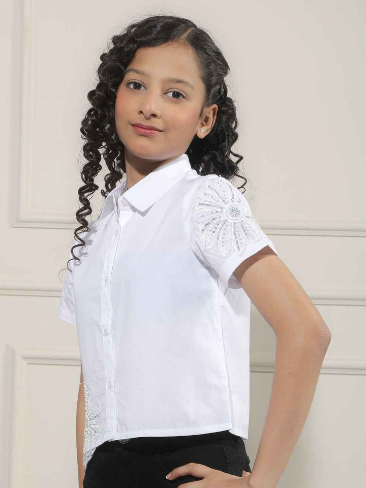 White Embroidered Cropped 100% Cotton Shirt