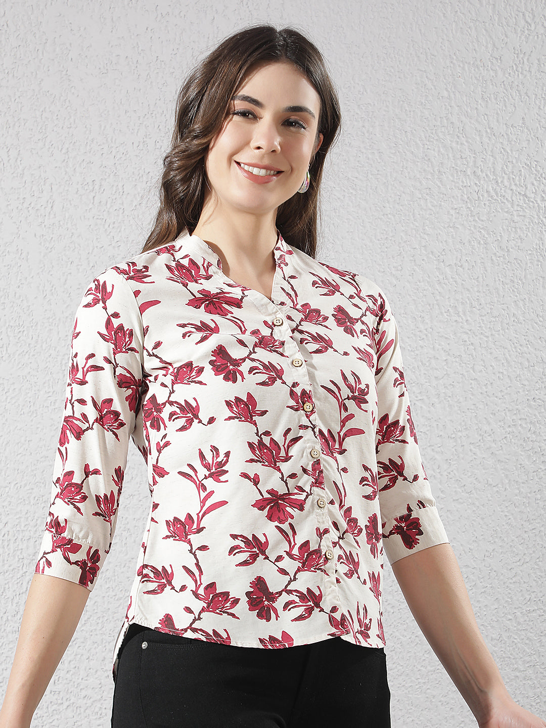 Red Floral Print V-Neck Linen Shirt