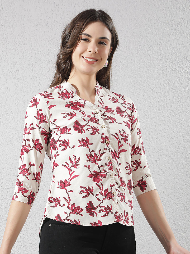 Red Floral Print V-Neck Linen Shirt