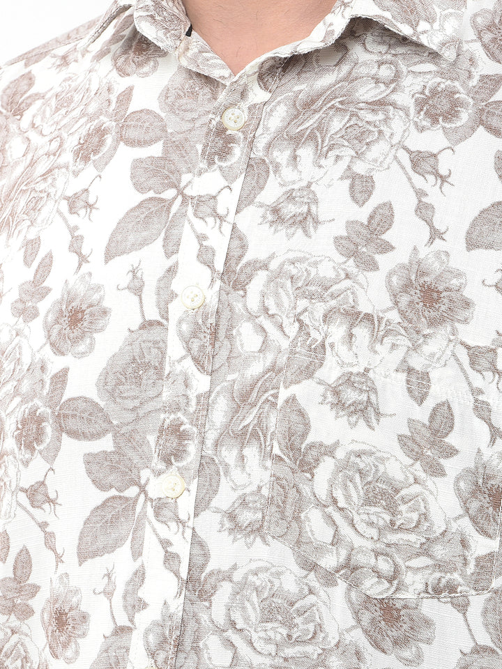 Brown Floral Print Linen Shirt