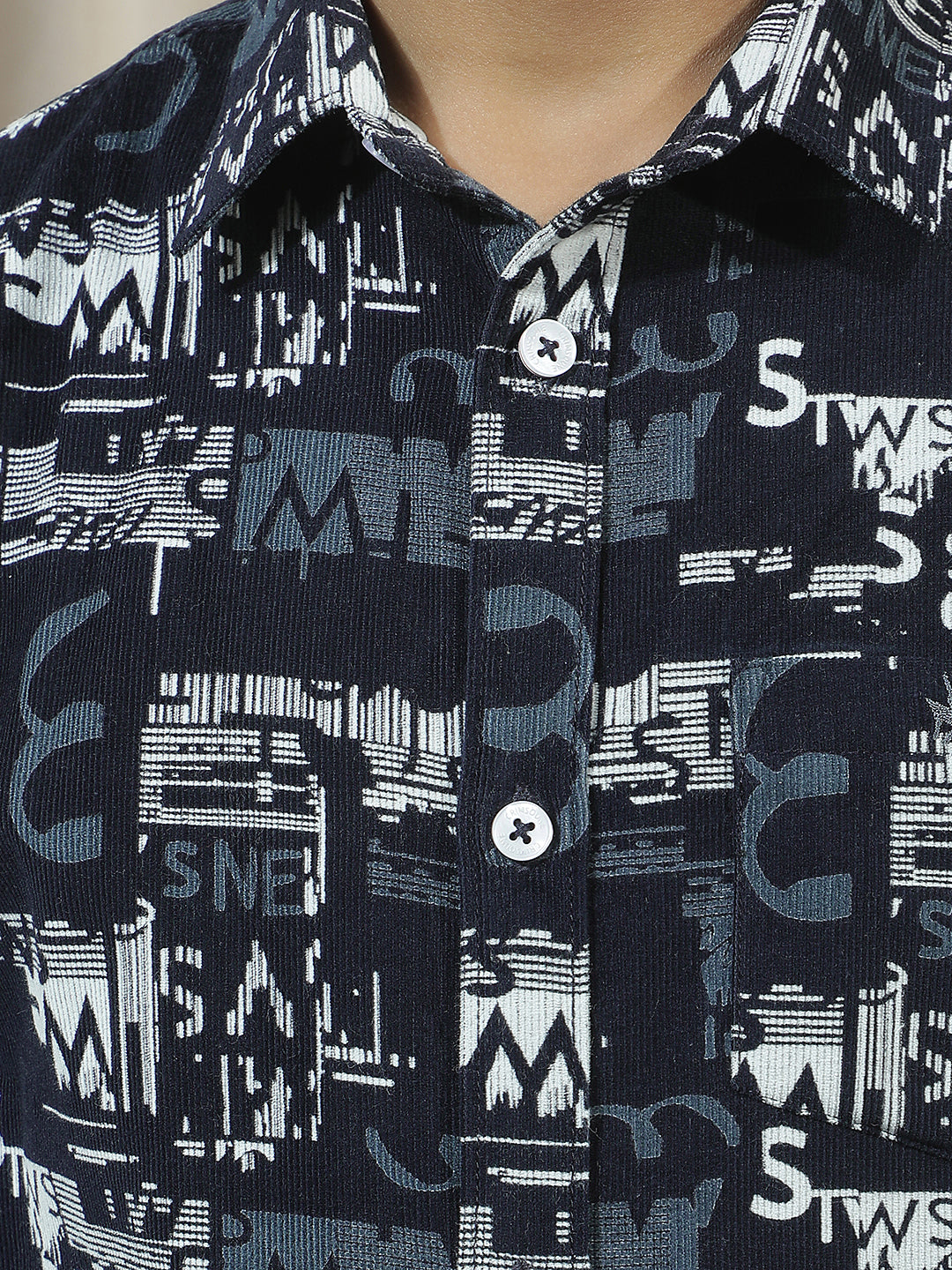 Navy Blue 100% Cotton Graphic Print Corduroy Shirt