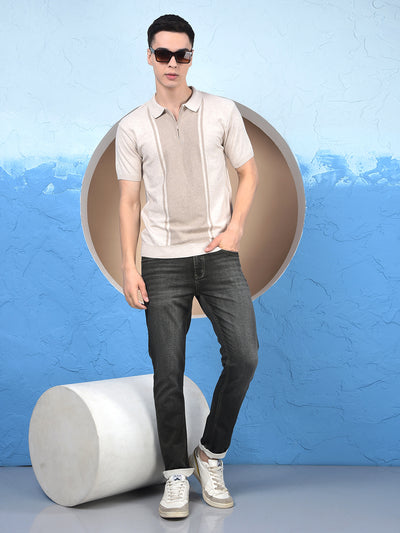 Beige Vertical Stripes Polo Neck T-Shirt